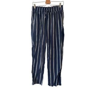 Messini Striped Linen Blend Wide Leg Pants Size L Womens Blue Elastic‎ Waist